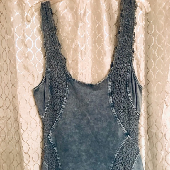 Free People BodyCon Tank Dress Blue/Grey w/ Lace Inlay Stone Wash Cotton/Spandex - Picture 8 of 14